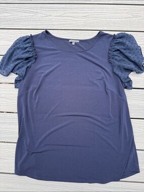 Adrianna Papell Navy Puff Dot Sleeve Short-Sleeve Top